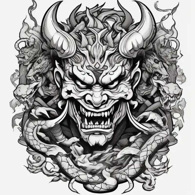 cartoon style Idées et Designs de Tatouages de Serpent en 2025 &Générer gratuitement about Back Tattoo with An Oni With a broken mask and a Sword and Dragons & snakes hello kitty tattoo